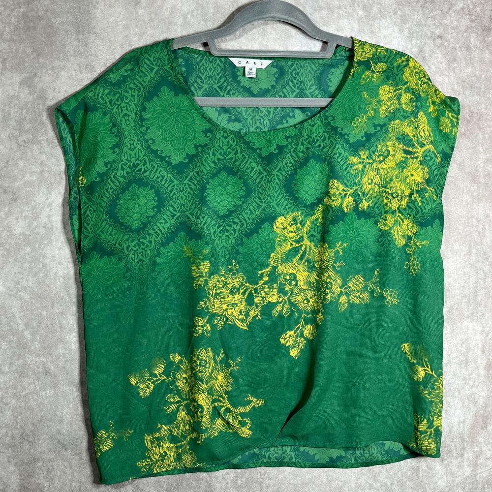 Cabi Green With Envy Blouse Womens Medium Green Floral Cap Sleeves Boxy Fit